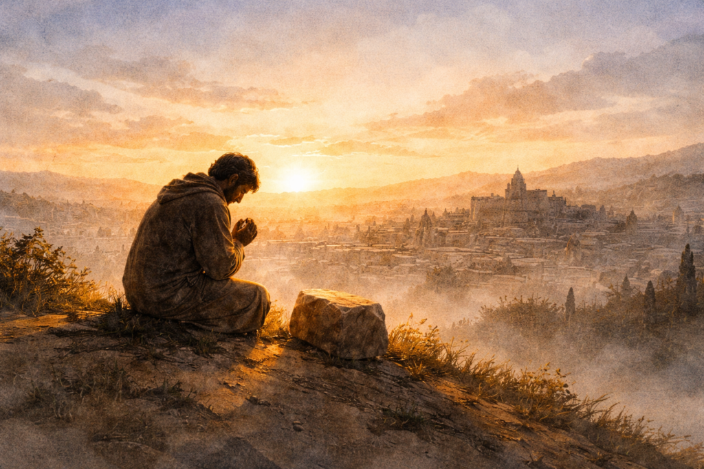 Acts 4 devotional — A figure kneeling in prayer at dawn beside a cornerstone overlooking Jerusalem