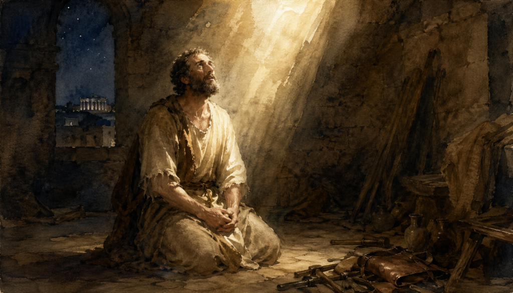 Acts 18 devotional — Paul kneeling in Corinth at night as the Lord says "Do not be afraid" in a vision