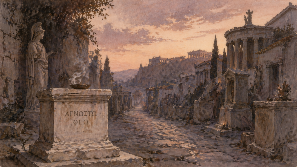 Acts 17 devotional — altar to an unknown god in ancient Athens, neoclassical watercolor