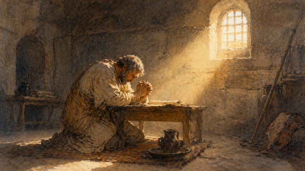 Acts 20 devotional — neoclassical watercolor of an apostle in solitary prayer, illustrating personal communion with God