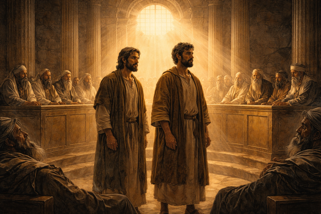 Acts 4 devotional — Peter and John standing before the Sanhedrin council in ancient Jerusalem