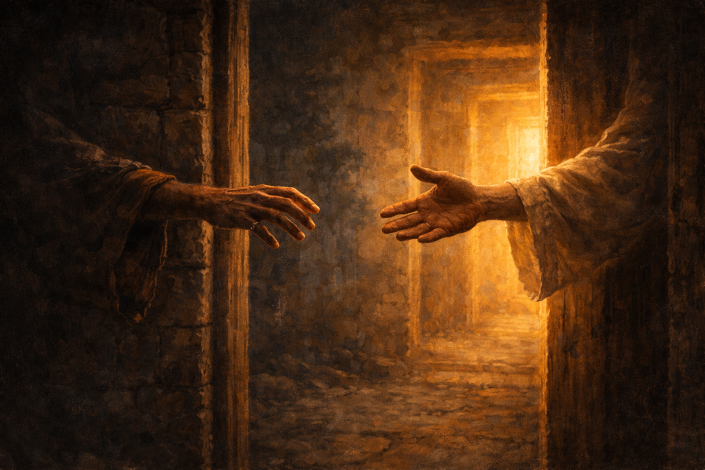 Acts 9 devotional — two hands meeting at a doorway symbolizing Ananias calling Saul brother