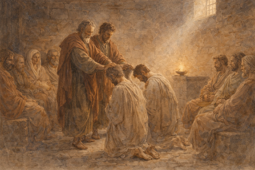 Acts 14 devotional — neoclassical watercolor of Paul and Barnabas entrusting newly appointed elders to the grace of God