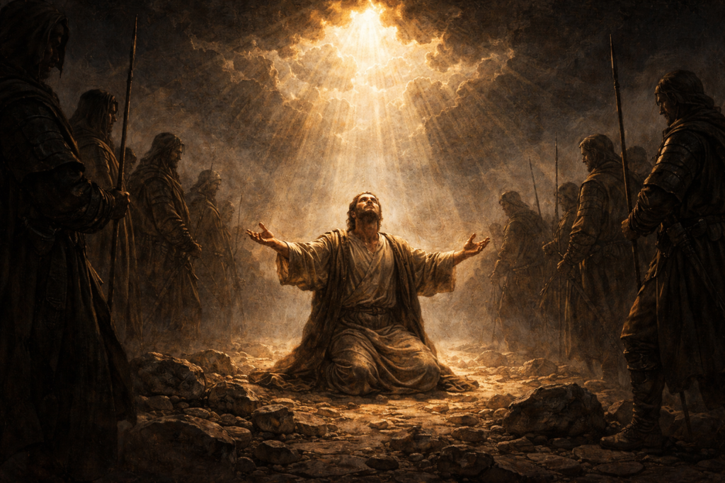 Acts 6&7 devotional — temple roof opening to endless sky, God beyond human construction