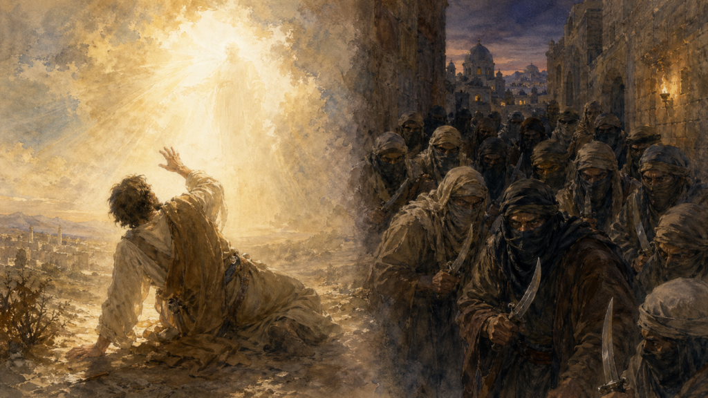 Acts 23 devotional — neoclassical watercolor mirroring the forty conspirators with young Saul on the road to Damascus