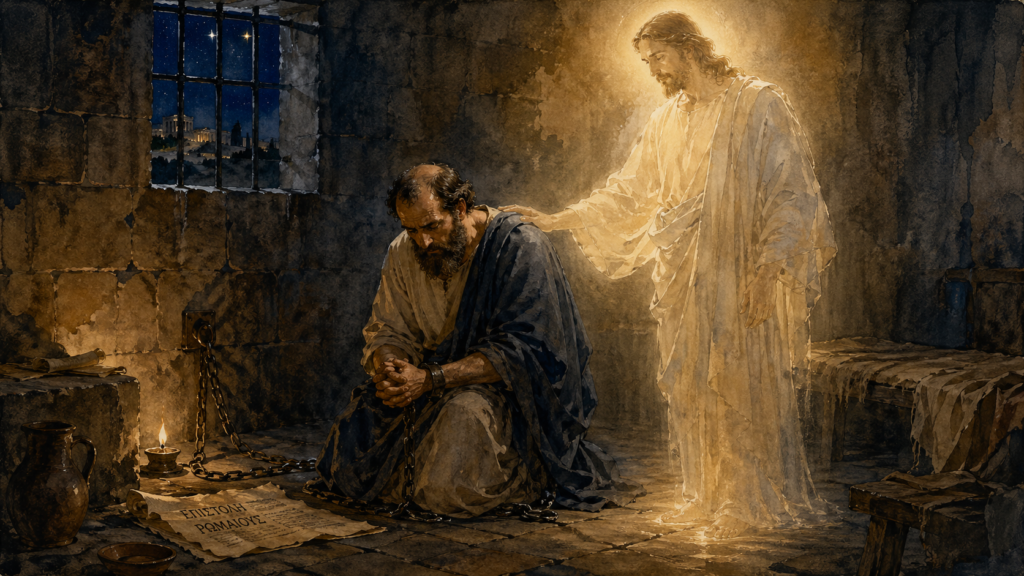 Acts 23 devotional — neoclassical watercolor of the Lord standing beside Paul in the barracks at midnight