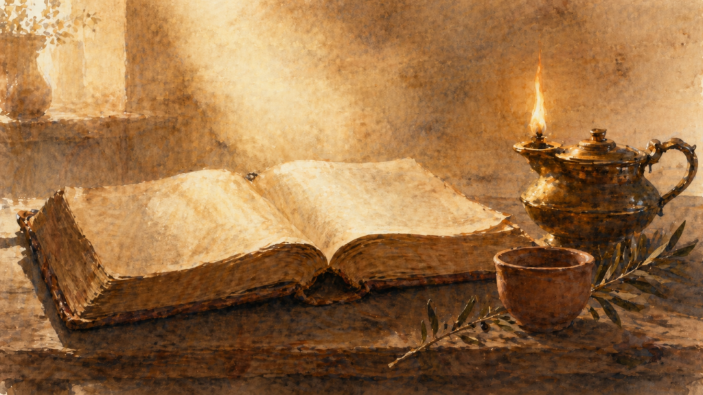Acts 20 devotional — neoclassical watercolor still life of an open Bible at dawn with oil lamp, evoking morning communion with God