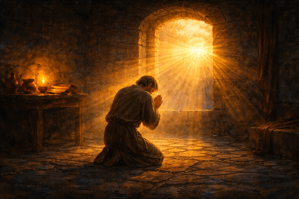 Acts 9 devotional — silhouette kneeling in prayer at dawn with golden light through stone window