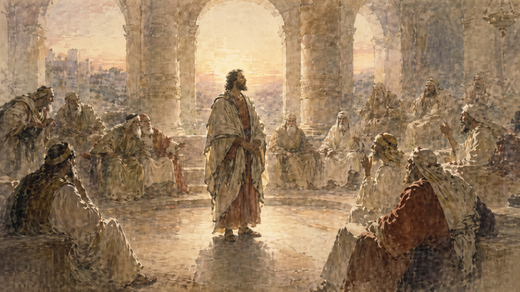 Acts 23 devotional — neoclassical watercolor of Paul standing before the divided Sanhedrin council