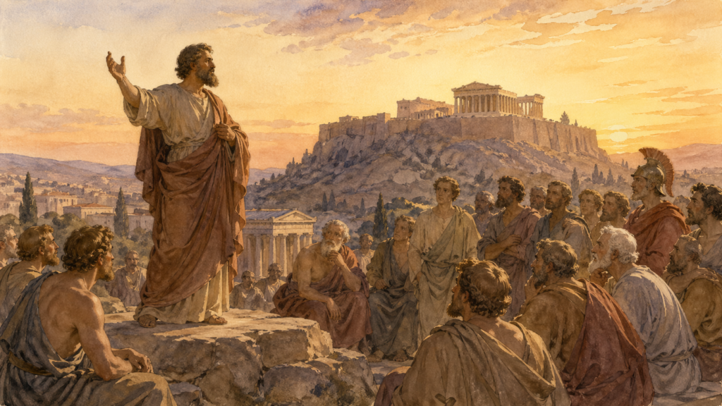 Acts 17 devotional — Paul preaching at the Areopagus in Athens, neoclassical watercolor