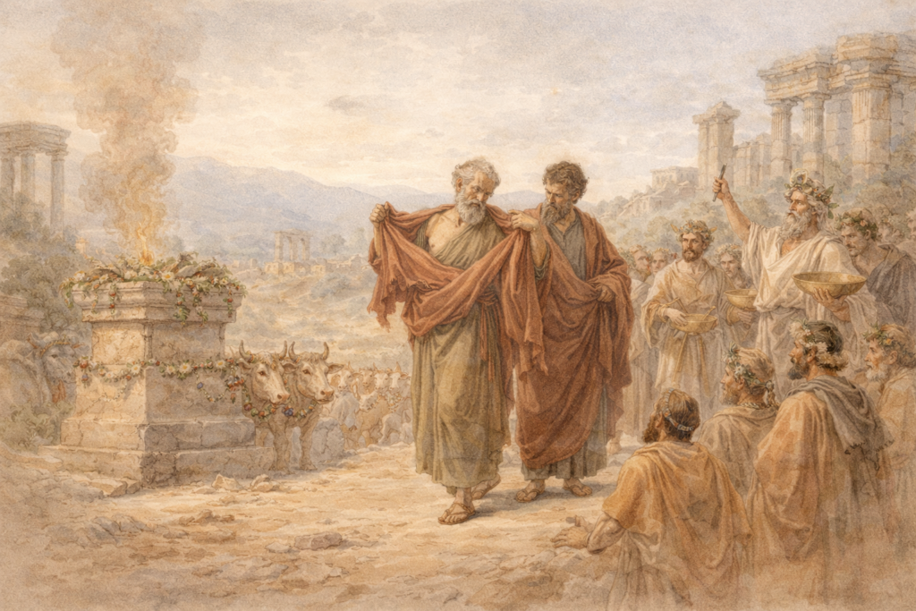 Acts 14 devotional — neoclassical watercolor of Paul tearing his garments to refuse worship in Lystra