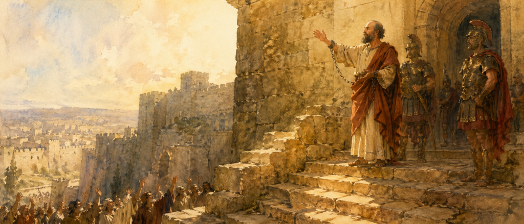 Acts 22 devotional - Paul on the steps of the Antonia Fortress addressing the Jerusalem crowd