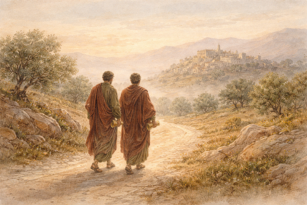 Acts 14 devotional — neoclassical watercolor of Paul and Barnabas retracing their missionary journey at dawn
