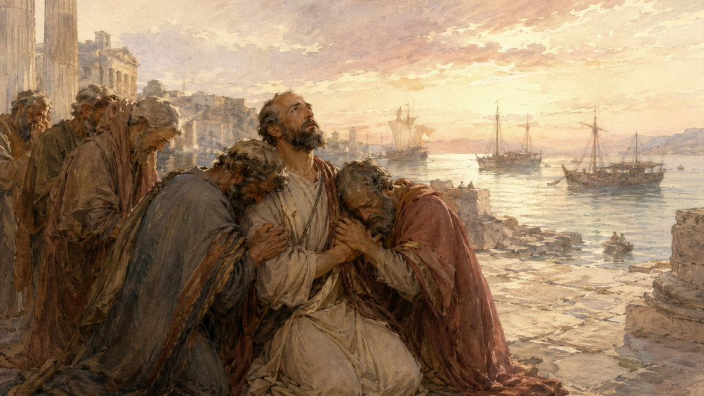 Acts 20 devotional — neoclassical watercolor of Paul kneeling at Miletus as Ephesian elders weep at his farewell