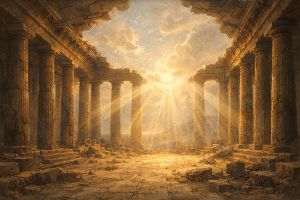 Acts 6&7 devotional — temple roof opening to endless sky, God beyond human construction