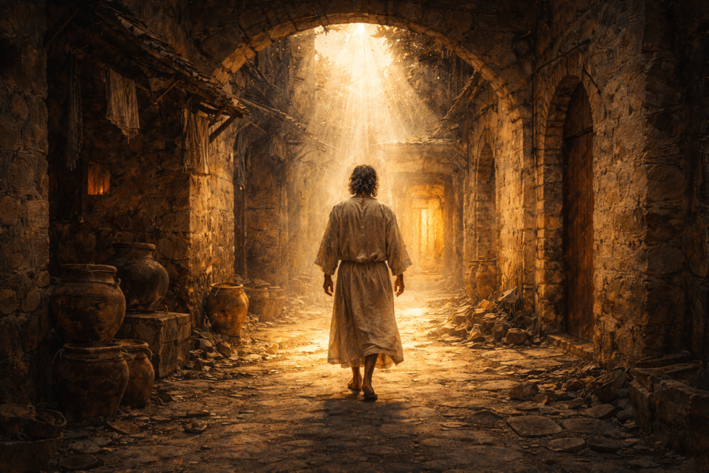 Acts 9 devotional — a figure walking toward golden light in an ancient Damascus alleyway