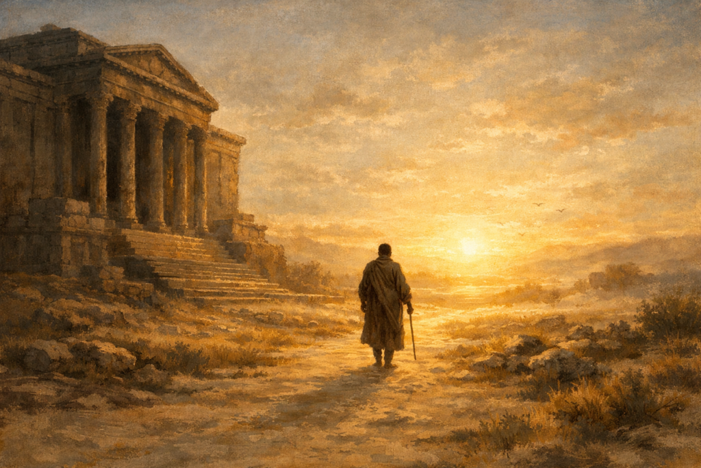 Acts 6&7 devotional — a figure walking from a stone temple toward open light
