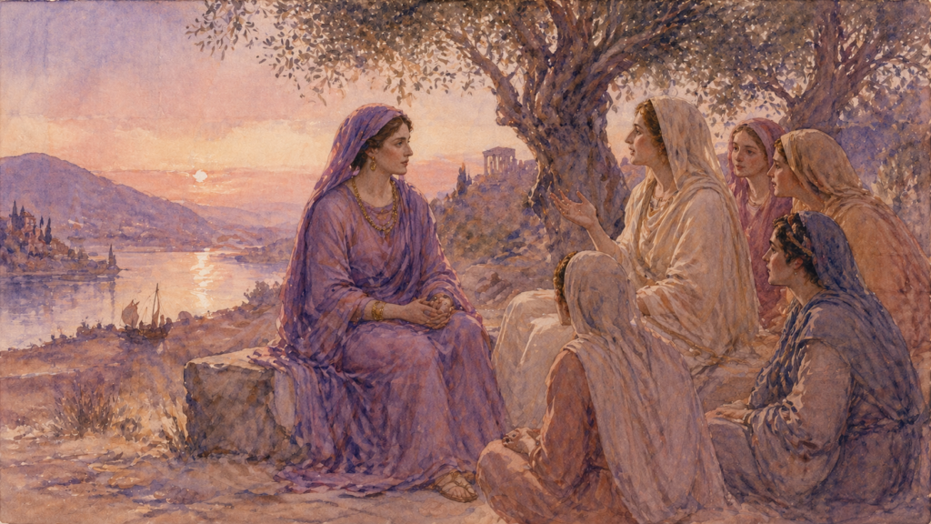 Acts 16 devotional — the Lord opens Lydia's heart by the riverside in Philippi, neoclassical watercolor