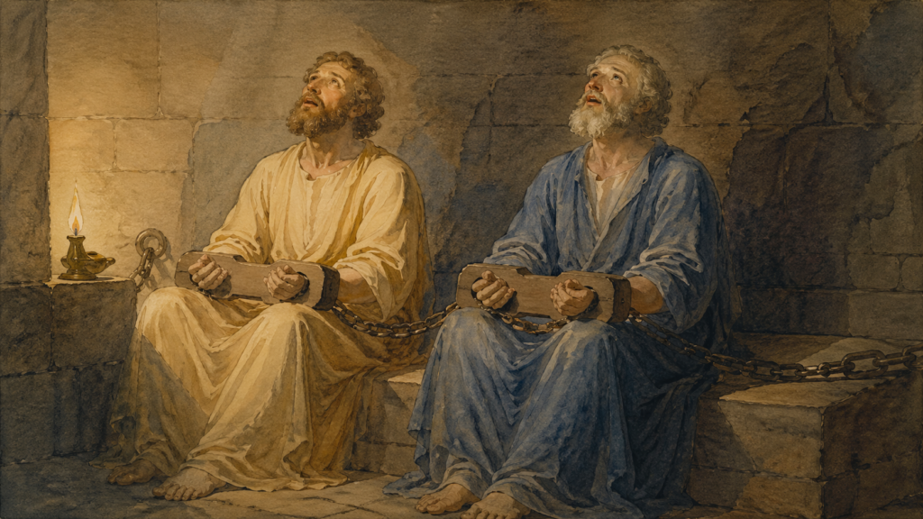 Acts 16 devotional — Paul and Silas praying in the Philippian prison at midnight, neoclassical watercolor