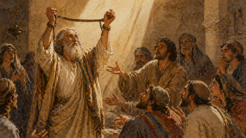 Acts 21 devotional — neoclassical watercolor of Agabus binding his own hands and feet with Paul's belt as a Spirit-given prophecy
