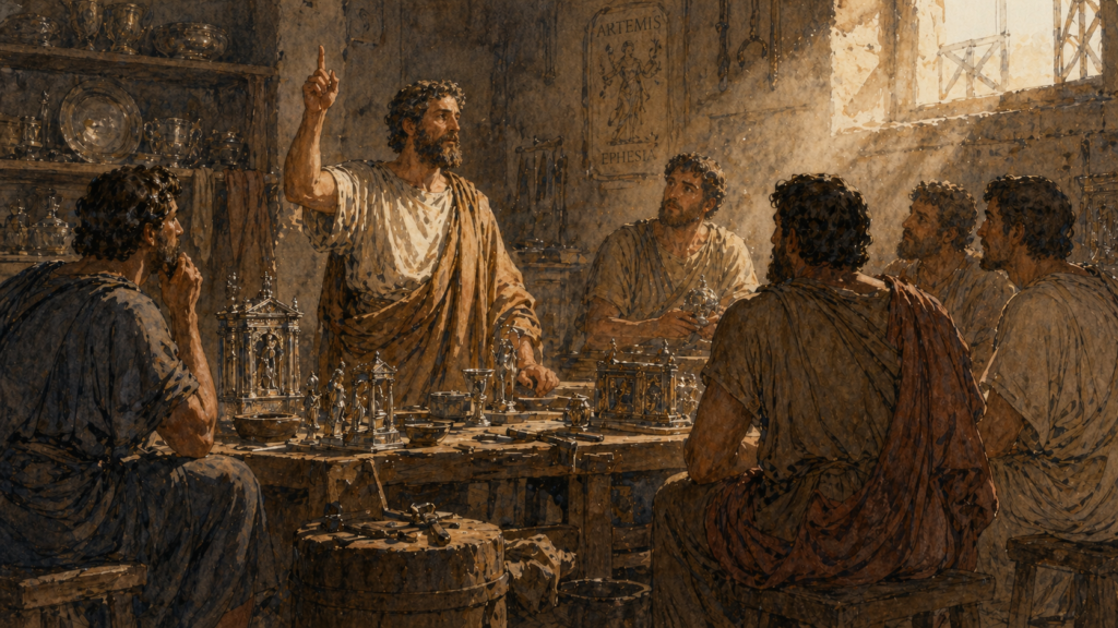Acts 19 devotional — neoclassical watercolor of Demetrius addressing the Ephesian silversmiths
