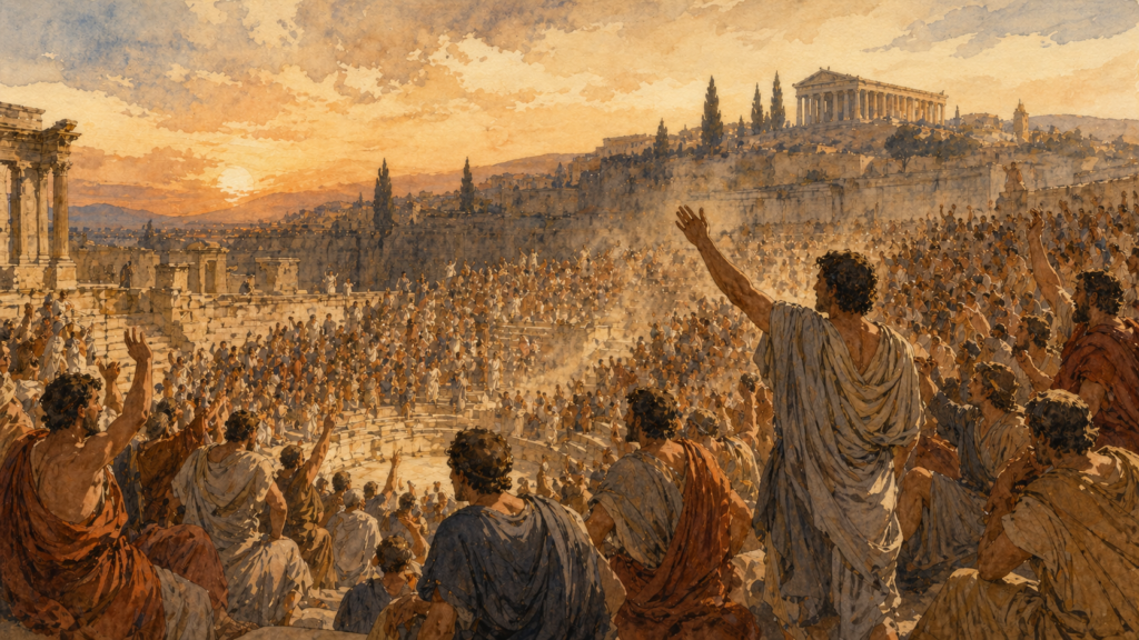 Acts 19 devotional — neoclassical watercolor of the Ephesian riot in the amphitheater at dusk