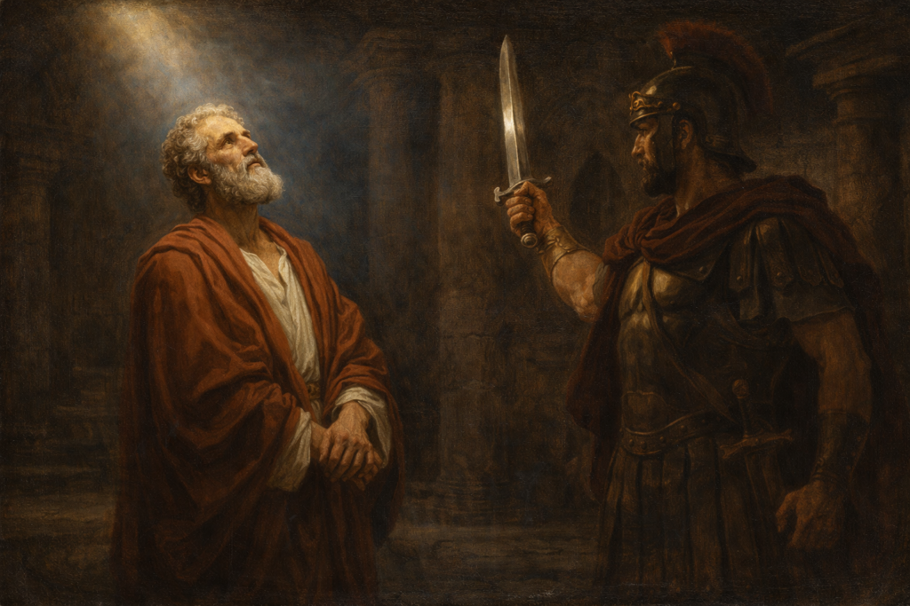 Neoclassical painting for an Acts 12 devotional depicting the martyrdom of James the apostle before a Roman executioner with a raised sword