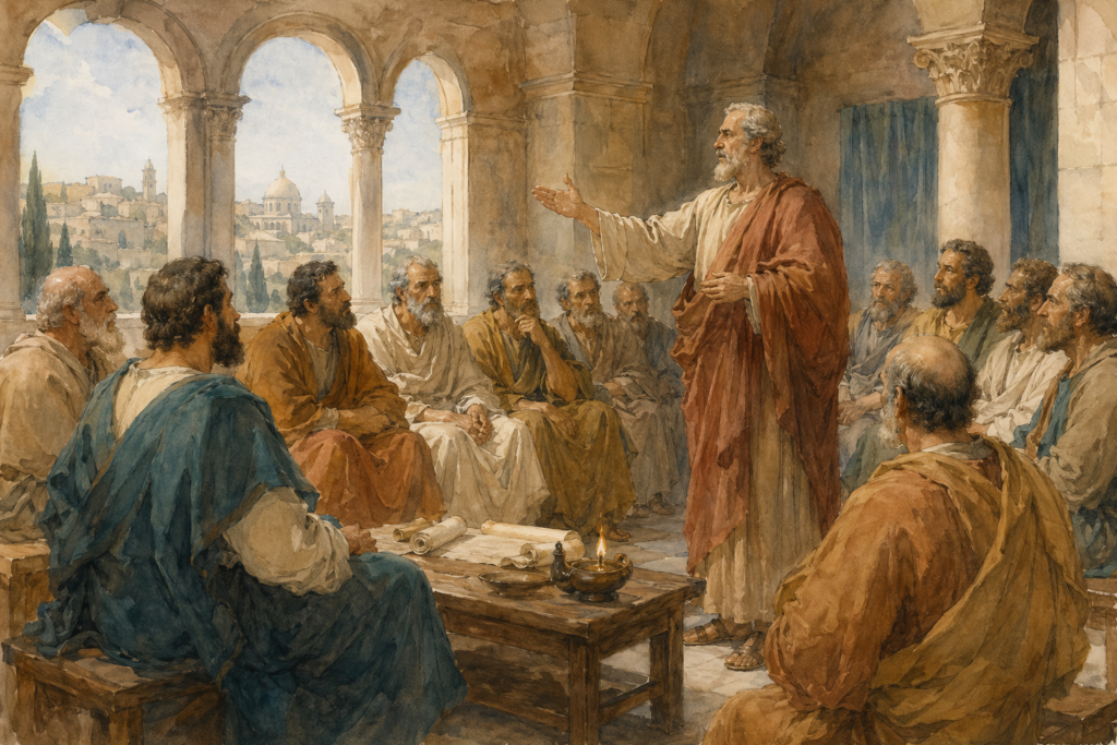 Acts 15 devotional — neoclassical watercolor of the Jerusalem council, apostles and elders deliberating over the question of Gentile salvation