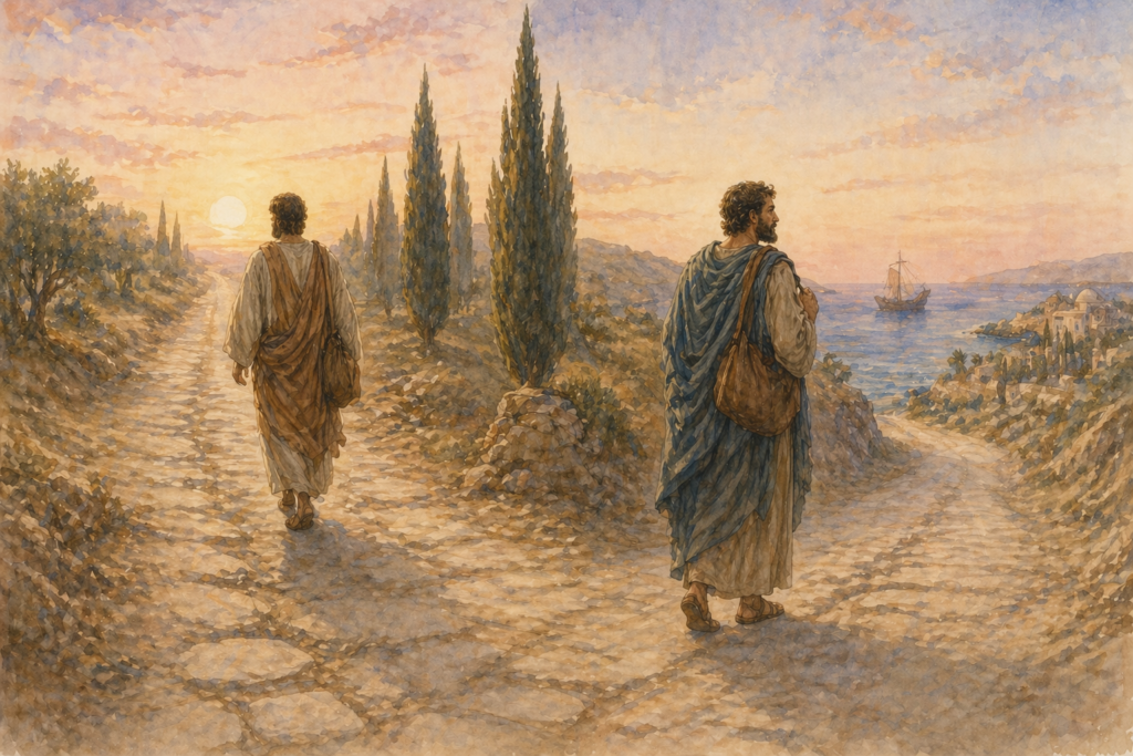 Acts 15 devotional — neoclassical watercolor of two travelers parting at a Mediterranean crossroads, depicting Paul and Barnabas separating before the second missionary journey