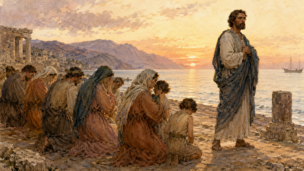 Acts 21 devotional — neoclassical watercolor of Paul departing Caesarea as believers kneel in farewell prayer