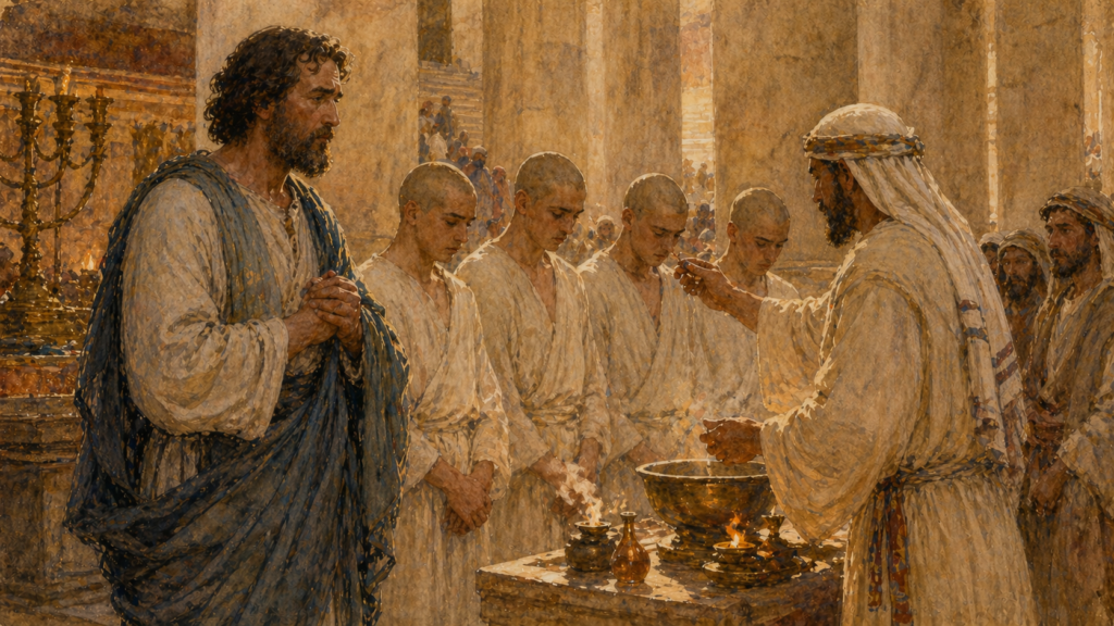 Acts 21 devotional — neoclassical watercolor of Paul's purification vow with four Nazirite men at the Jerusalem temple