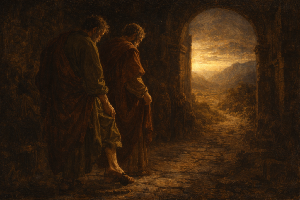 Acts 13 devotional showing Paul and Barnabas shaking dust from their feet as they leave Pisidian Antioch for Iconium