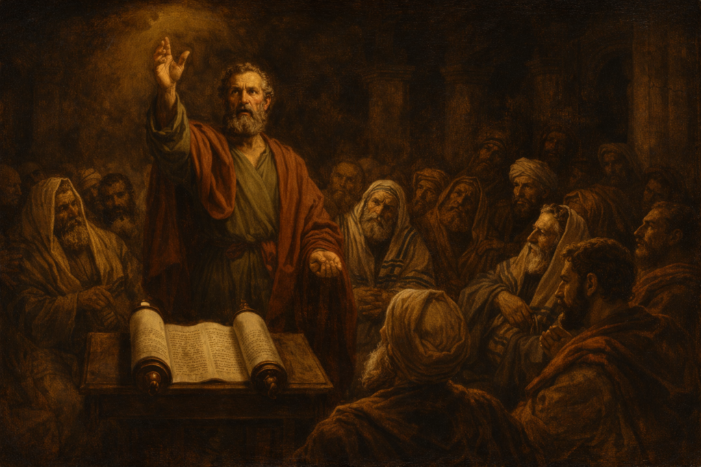 Acts 13 devotional depicting Paul preaching justification by faith in the synagogue at Pisidian Antioch