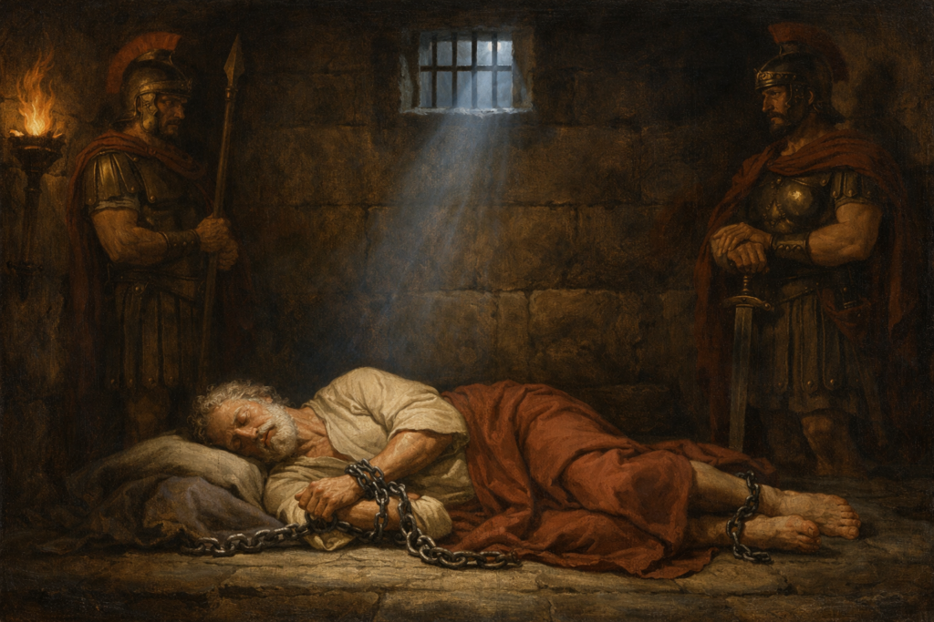 Neoclassical painting for an Acts 12 devotional showing Peter sleeping peacefully in a Roman prison between two guards, bound with two chains