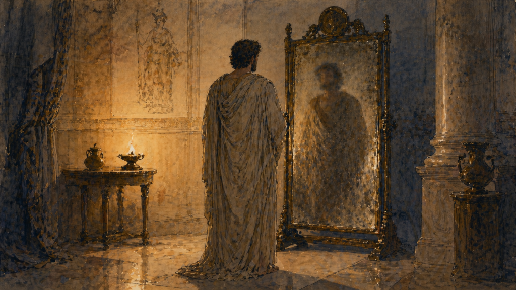 Acts 19 devotional — neoclassical watercolor of a solitary figure standing before a mirror in self-examination