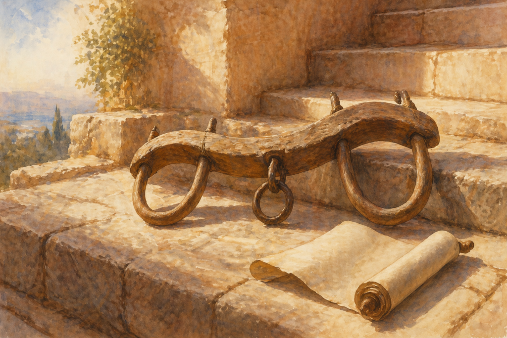 Acts 15 devotional — neoclassical watercolor of an old wooden yoke laid down on stone steps, illustrating the burden Peter described in verse 10