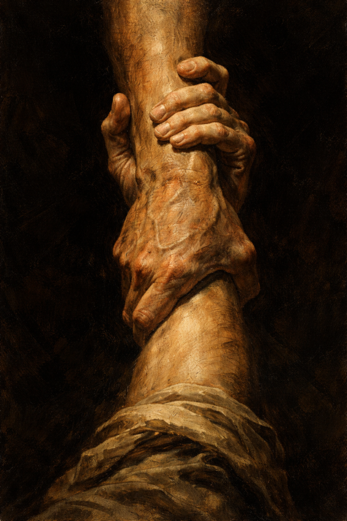 Acts 3 meditation holokleria — dramatic oil painting of two hands gripping each other as Peter pulls the lame man to his feet at the Beautiful Gate