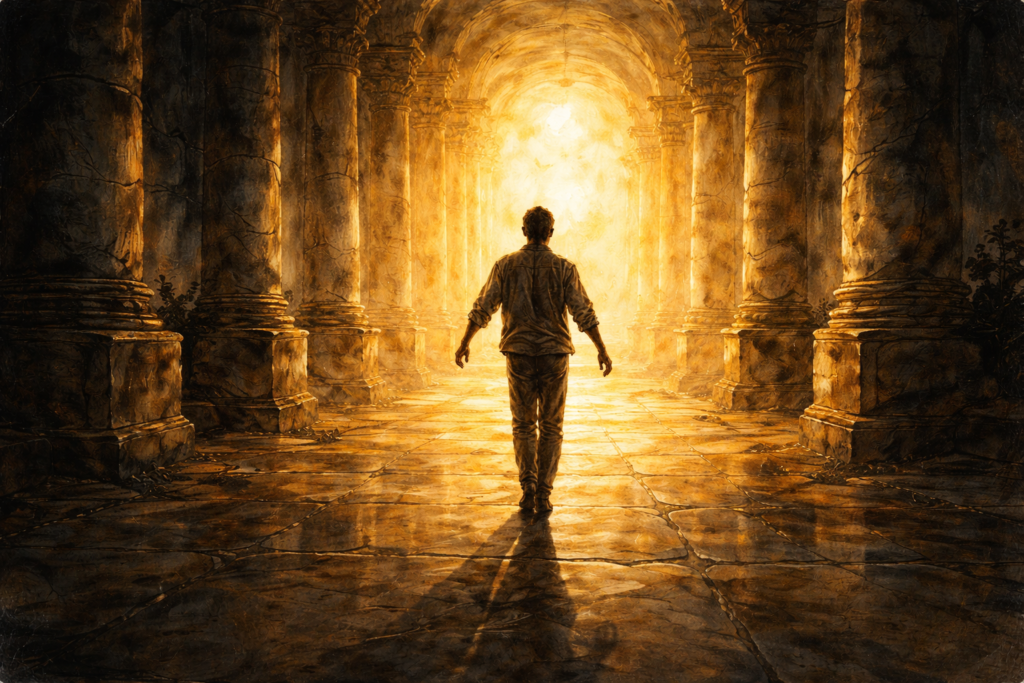 Acts 3 meditation reflection — cinematic oil painting of a solitary figure walking through ancient temple columns toward golden light, the moment of entering God's presence