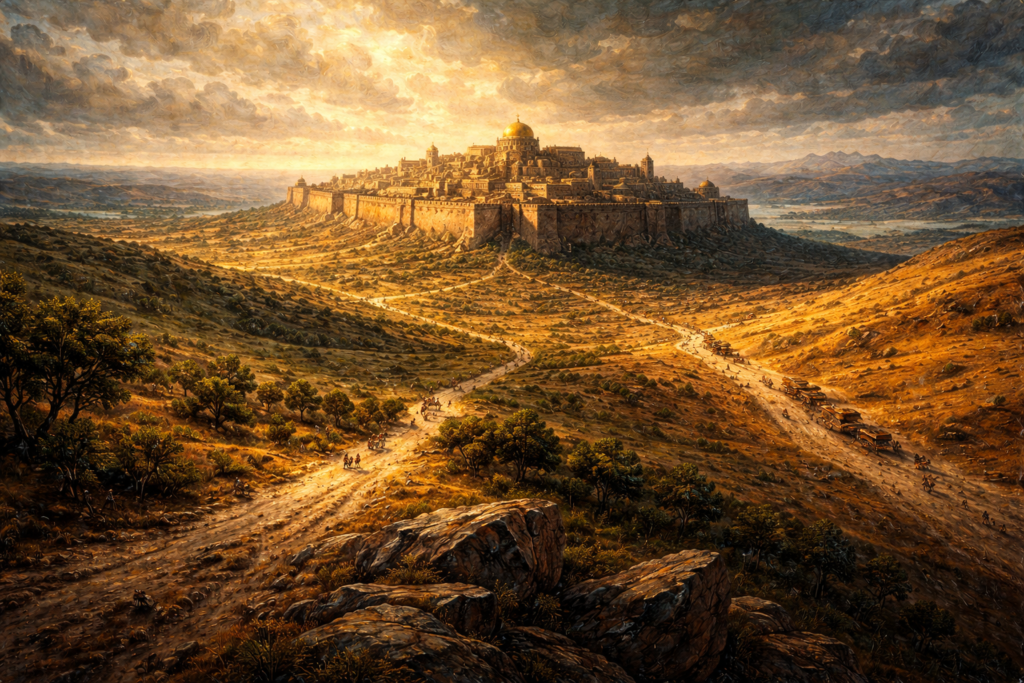 Jerusalem to the ends of the earth Acts 1:8 oil painting — ancient city with roads radiating outward through valleys, deserts, and coastlines, the expanding circles of the gospel
