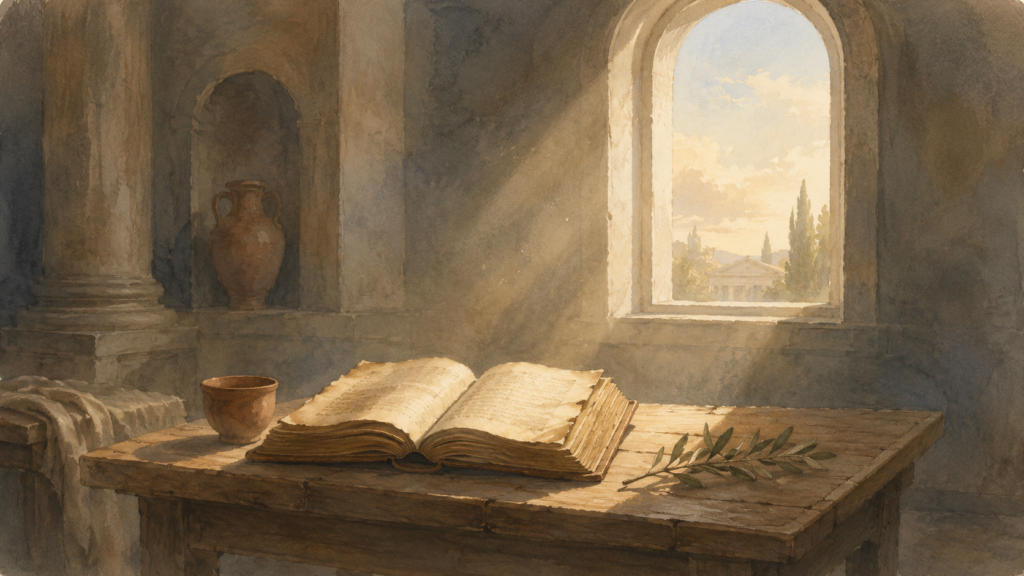 Morning light falling on an open codex in a classical study, closing image for a Romans 5 devotional reflection
