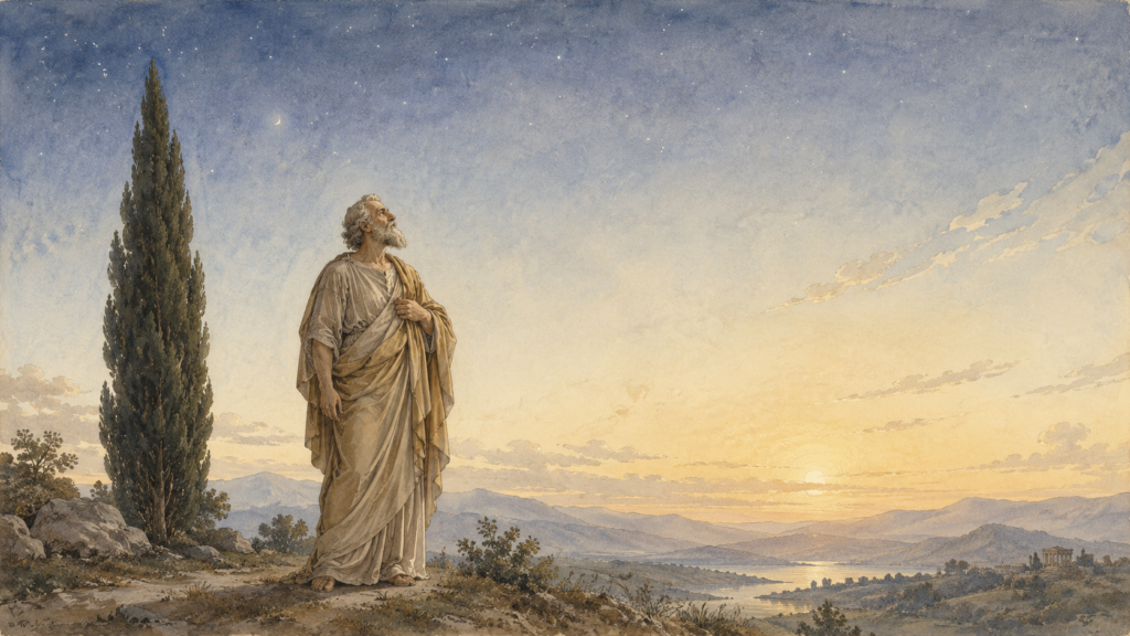 Romans 4 devotional illustration of Abraham receiving the promise — a neoclassical watercolor of the patriarch beneath a dawn sky representing the righteousness of faith