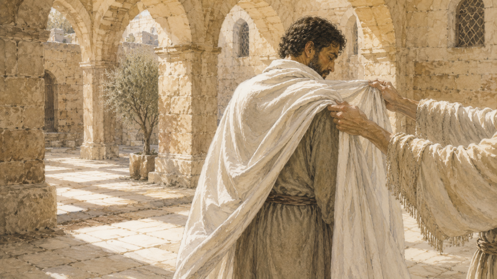 Neoclassical watercolor of a man receiving a white linen mantle placed on his shoulders by unseen hands, illustrating Luther's iustitia aliena and the external identity of the children of the promise.
