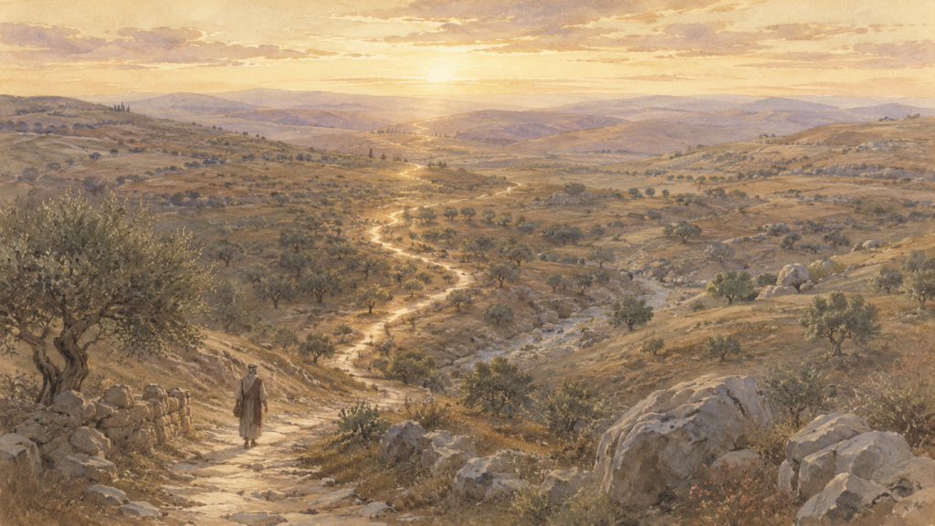 Watercolor of a lone traveler on a winding path through Judean hills traced by a beam of light, illustrating all things work together for good in Romans 8:28