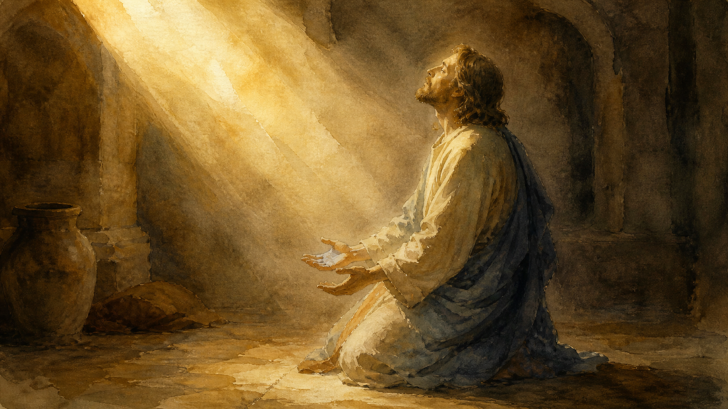 A figure kneeling in prayer surrendering the dullness of heart to God after Acts 28 reflection