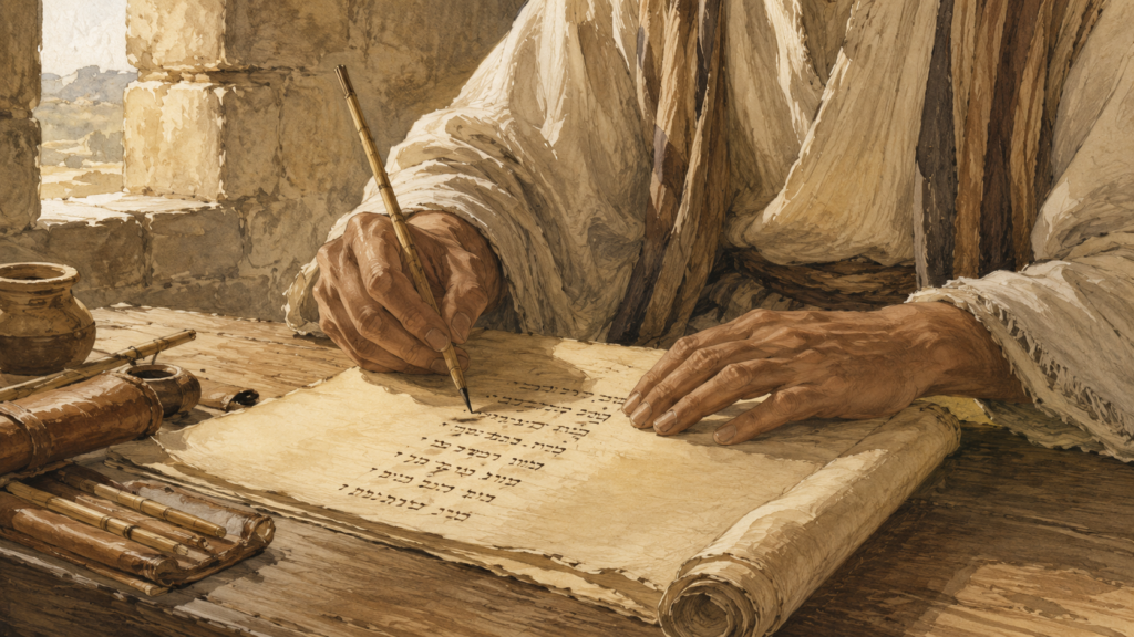 Neoclassical watercolor of a hand inscribing names in an ancient ledger at dawn, illustrating how the children of the promise are counted as offspring in Romans 9:8.