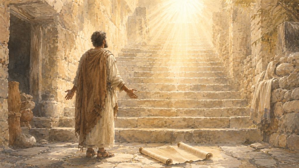 Open hands raised toward radiant light atop ancient stone steps with a scroll below, illustrating Christ as the end of the law in a Romans 10 devotional.