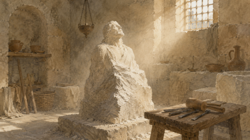 Watercolor of a partially carved sculpture of a serene human figure emerging from stone in a sunlit workshop, illustrating being conformed to the image of his Son in Romans 8:29