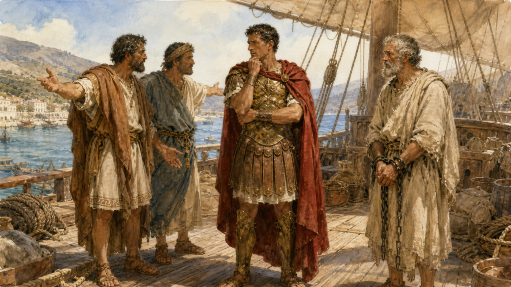 Discernment in Acts 27 — neoclassical watercolor of a Roman centurion choosing between expert mariners and the chained Apostle Paul at Fair Havens harbor.