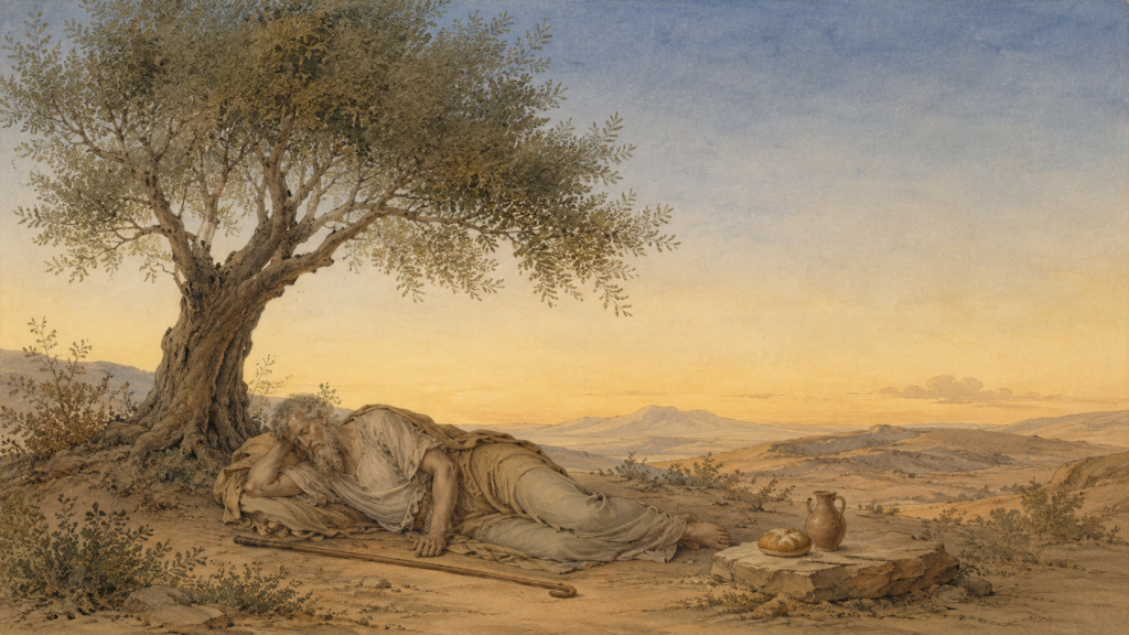 Elijah resting beneath the broom tree with bread and water beside him — a neoclassical watercolor on praying when exhausted and the righteousness of faith
