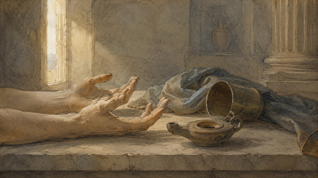 Empty open hands resting on a stone table — a neoclassical watercolor illustrating the limits of self-effort and the beginning of the righteousness of faith
